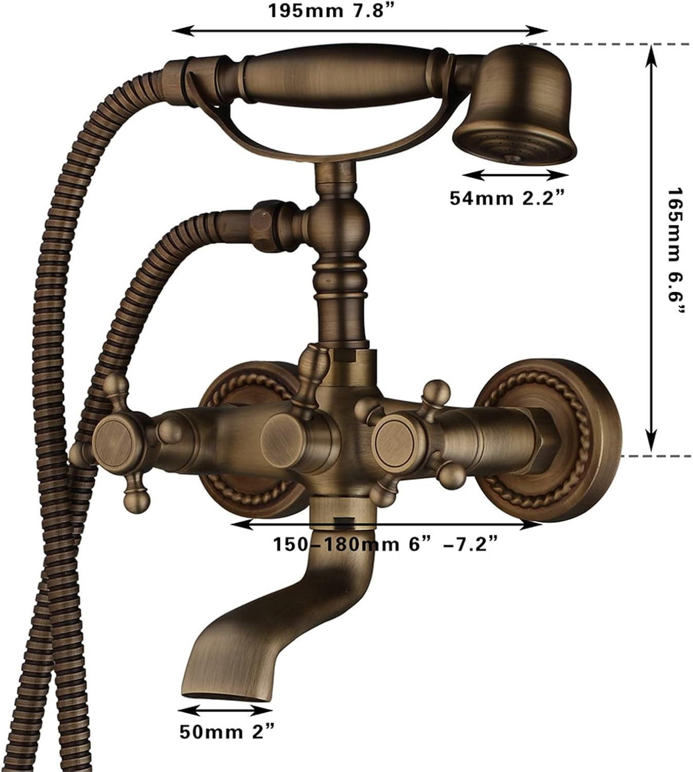 Vintage Wall Mount Antique Brass Bathtub Faucet with Hand Shower Sprayer, Bathroom Tub Faucet, Double Cross Handle Telephone Shaped Handheld Sprayer Shower Set
