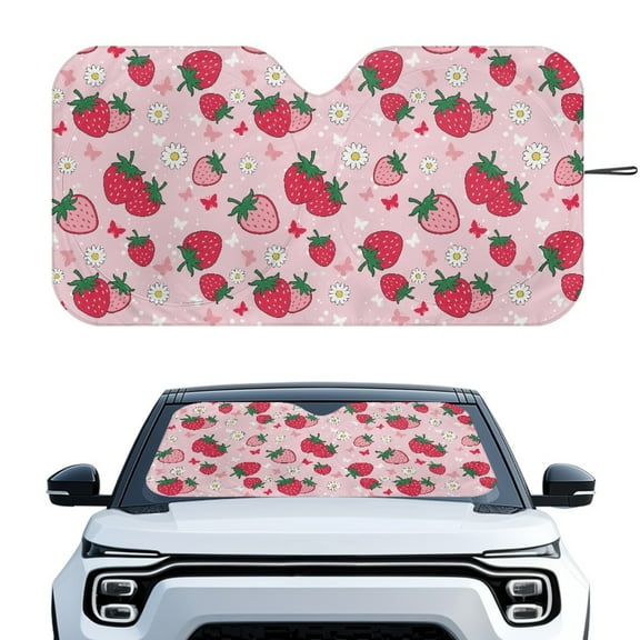 Yuyamidu Strawberry Car Window Shade Daisy Windshield Sun Shade for SUV Big Sedan Pink Sunshade for Car Windshield Automotive Accessories