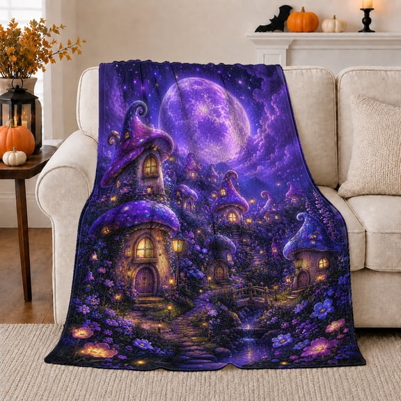 Enchanted Village Night with Peaceful Celestial Art, Warm Flannel Blanket for Sunroom and Reading Nook, Garden Lovers Housewarming Gift, Fantasy Home Decor