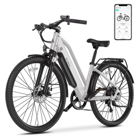 TST Electric Bicycle, 500W Electric Mountain Bike for Adults, 26" Step-Thru Commuter Ebike, 7-Speed, 36V 10.4Ah Battery, up to 22 mph Speed and 45 Miles Range, White Gray