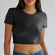 thumbnail image 2 of Mujeres Manga Corta Tops Casual Nuevo Cuello Redondo Imitación Cuero de Manga Corta Top, 95% Poliéster 5% Camiseta de Spandex, Lavado a Mano Hogar Desgaste, 2 of 9