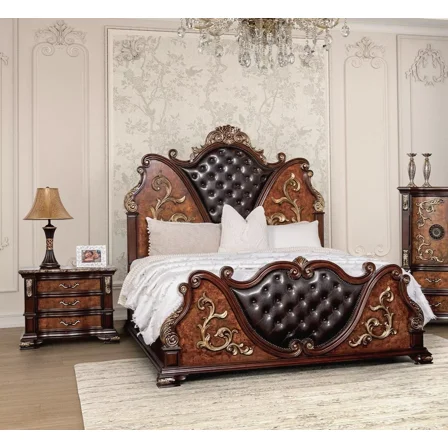 Traditional Formal Dark Cherry Queen Size Bed 2x Nightstands 3pc Bedroom Set Solidwood Antique Carvings