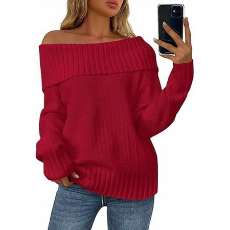 PRETTYGARDEN Womens Off The Shoulder Sweater Long Sleeve Loose Knit Pullover Sweaters Fall Going Out Tops