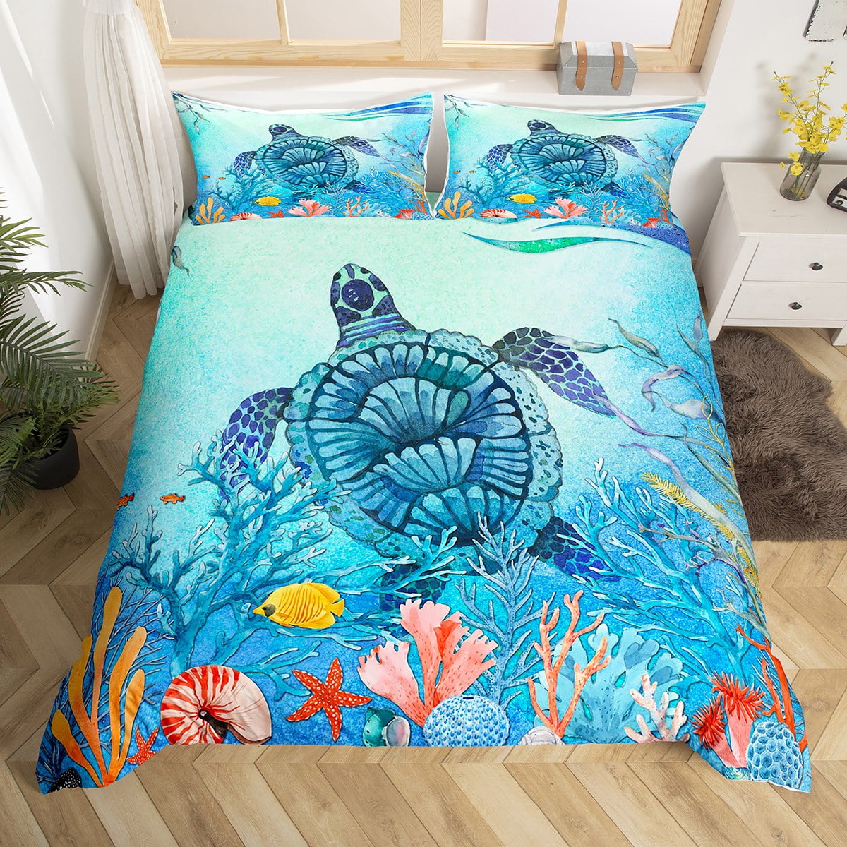 YST Ocean Themed Bed Set Sea Turtle Duvet Cover, Hawaiian Beach Bedding Set  Queen Teal Aqua Tortoise Comforter Cover, Coastal Starfish Coral Bed Cover  Aesthetic Room Decor 3pcs (No Comforter) 