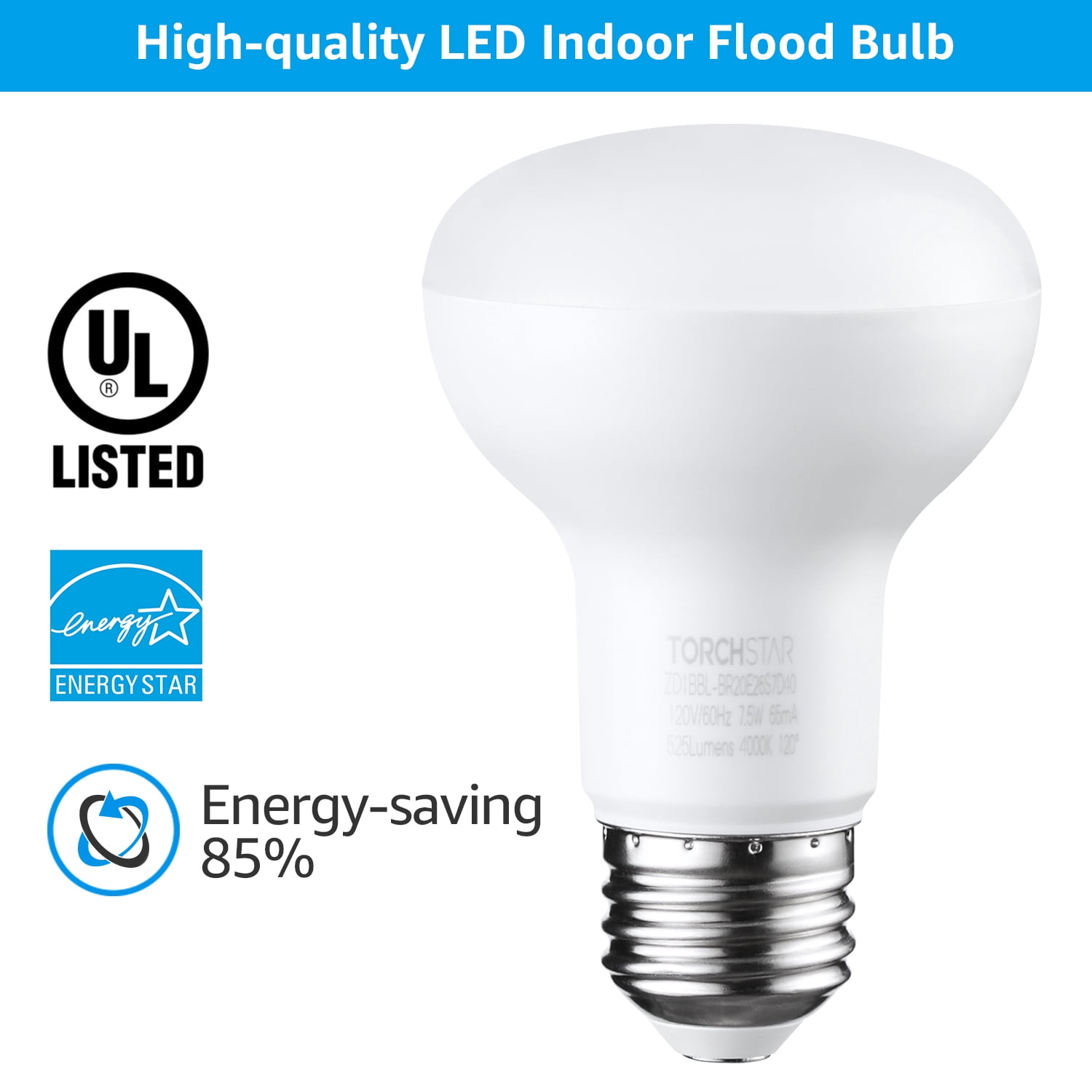 4 Pack BR20 LED Bulbs, Indoor Flood Light R20, Dimmable, 7.5W (50W Eqv), E26 Medium Base, 4000K Cool White