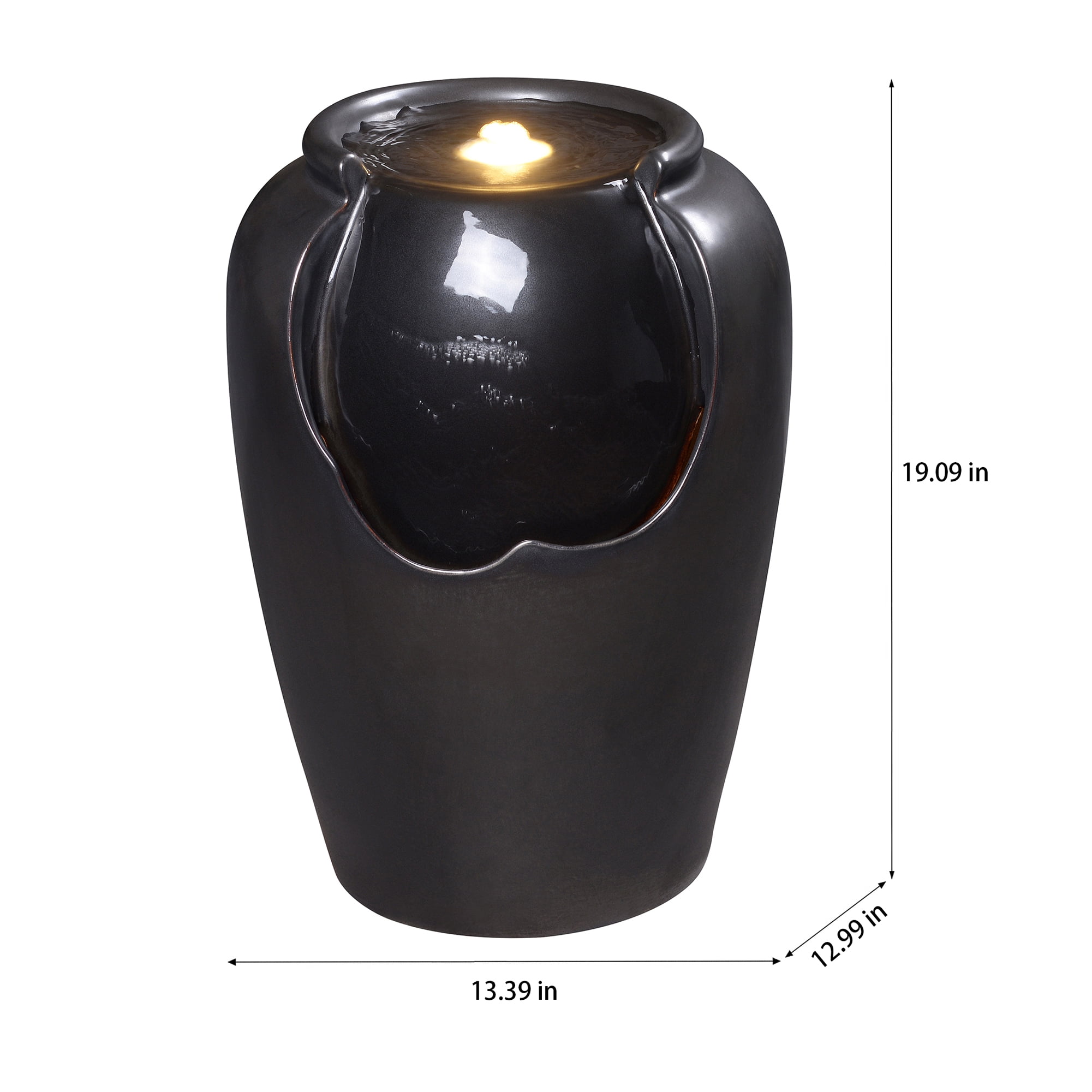 Black Ceramic Ripple Top Fountain, Decorative Water Fountain with LED Lights and Quiet Pump, Indoor Outdoor Water Feature for Patio, Garden, Deck, Balcony, Office and Home Décor