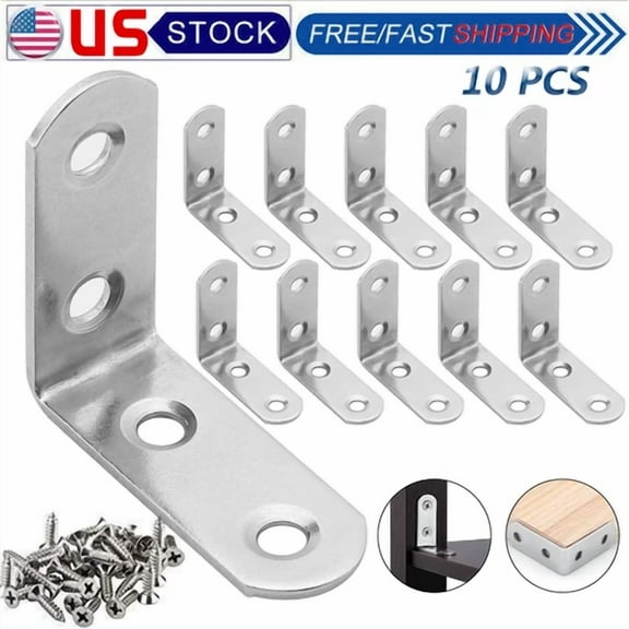 10X L-Shaped Bracket Corner Brace Silver Stainless Steel Right Angle W/ Screws