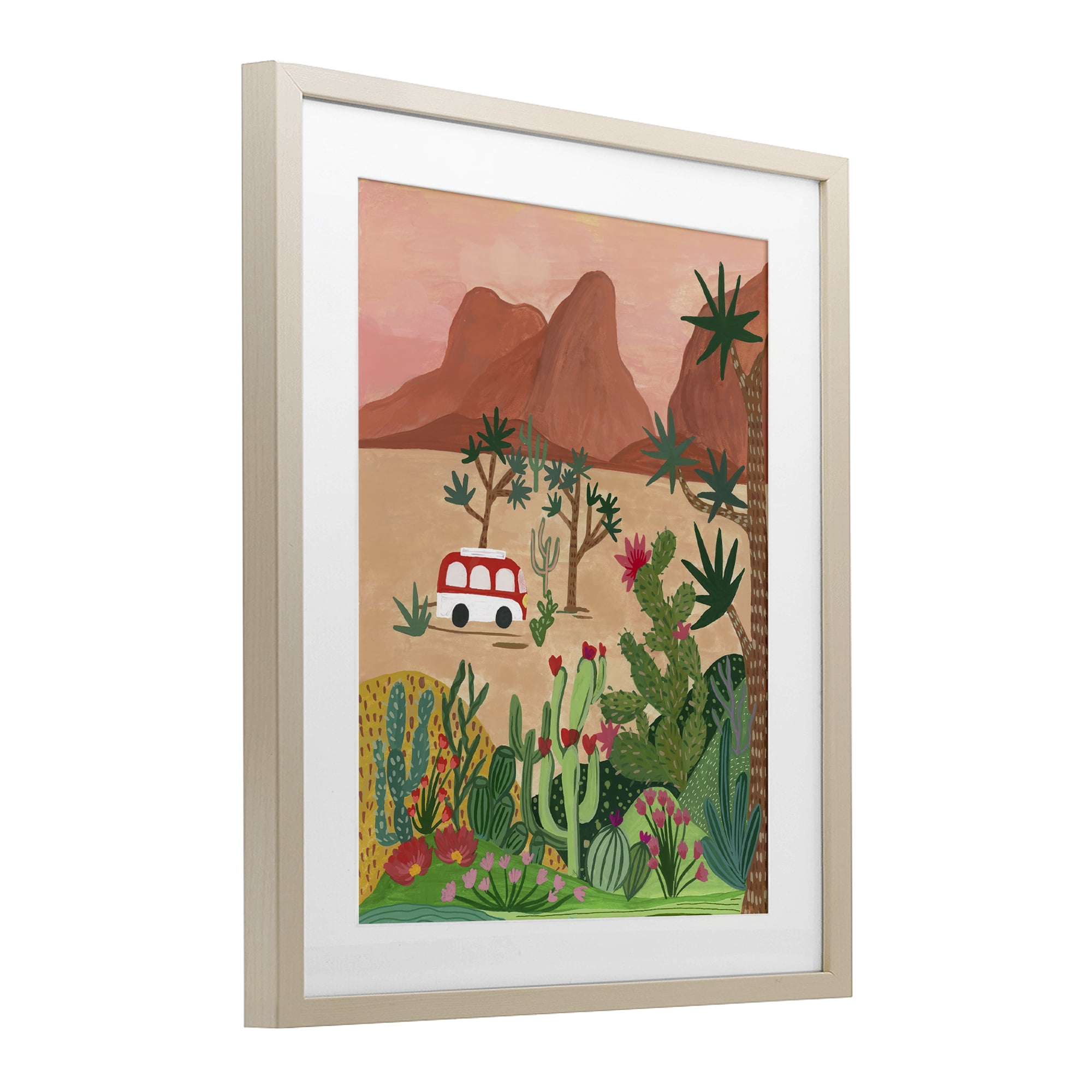 Desert Camper & Cacti Birch Framed Print Under Glass, design by Nabeela Rumi