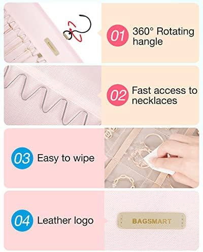 Hanging Jewelry Organizer Storage Roll with Hanger Metal Hooks Double-Sided Jewelry Holder for Earrings, Necklaces, Rings on Closet, Wall, Door, 1 piece, Medium, Pink