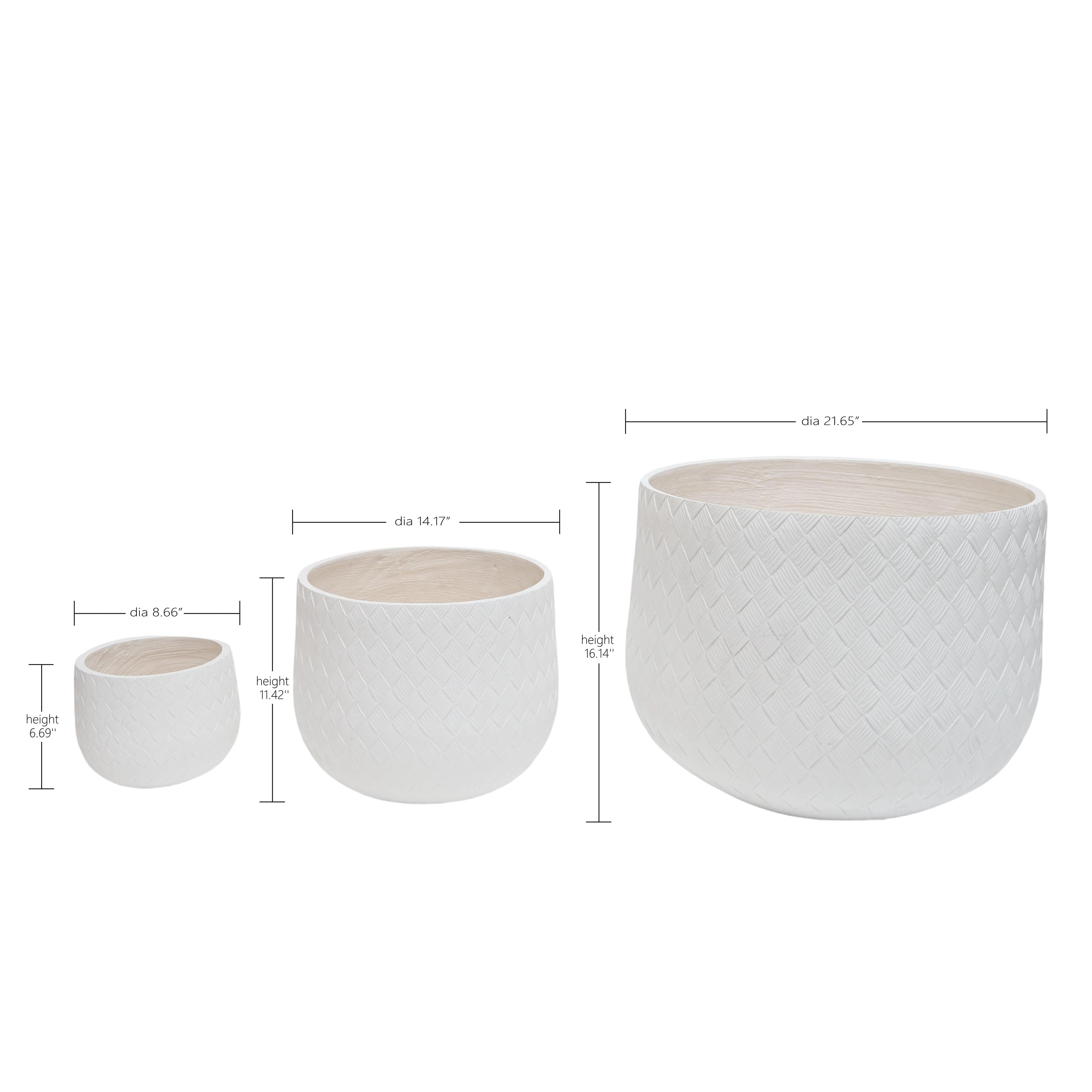 Set of 3 Magnesium Oxide Round Planters with Weave Pattern and Drainage Holes, Indoor Outdoor Plant Pots, White