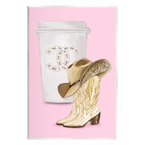 Stupell Industries Pink Glam Cowgirl Boots & Coffee Beauty & Fashion Painting Unframed Art Print Wall Art