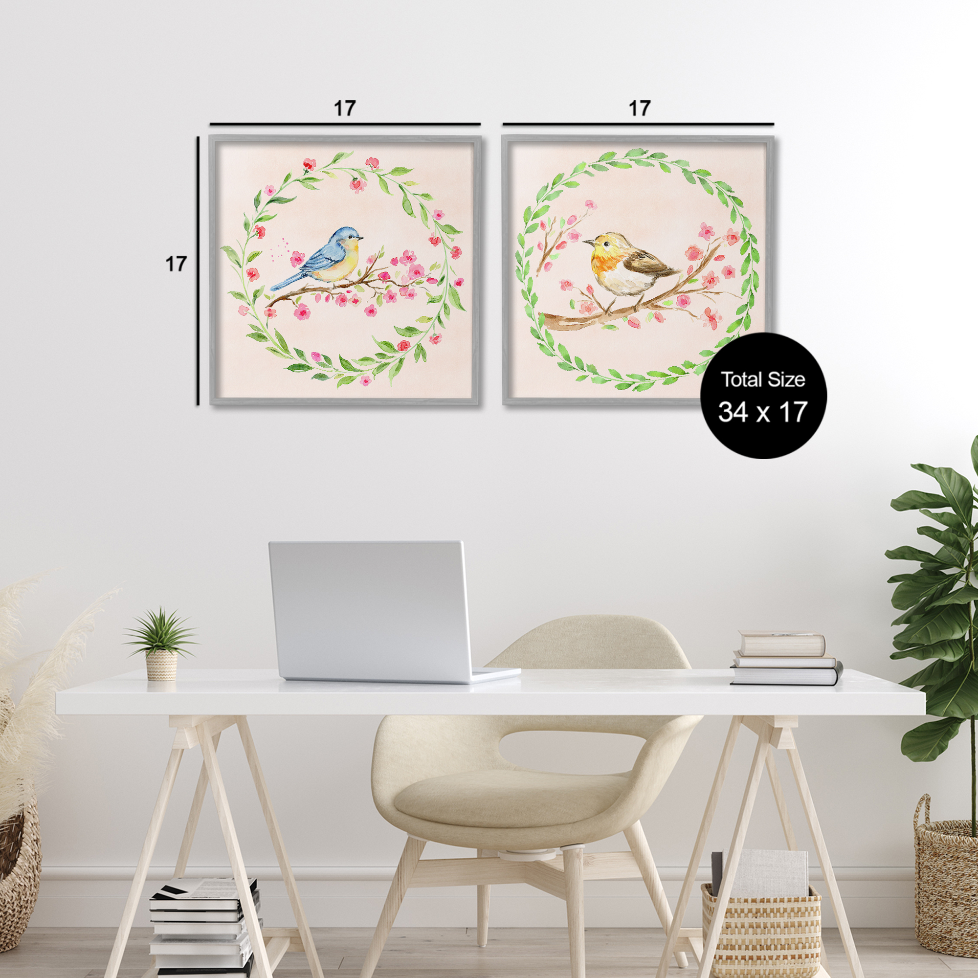 Spring Branches & Wreath Birds 2 Piece Gray Framed Giclee Art Set, design by Elena Fay