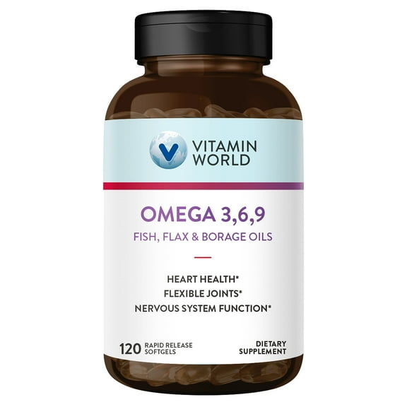 Vitamin World Triple Omega 3-6-9 3000mg with Fish, Flax, Borage & Evening Primrose Oils, Omega-3 Fatty Acids with EPA & DHA, Supports Heart, Brain & Immune Health, Gluten Free, 120 Softgels