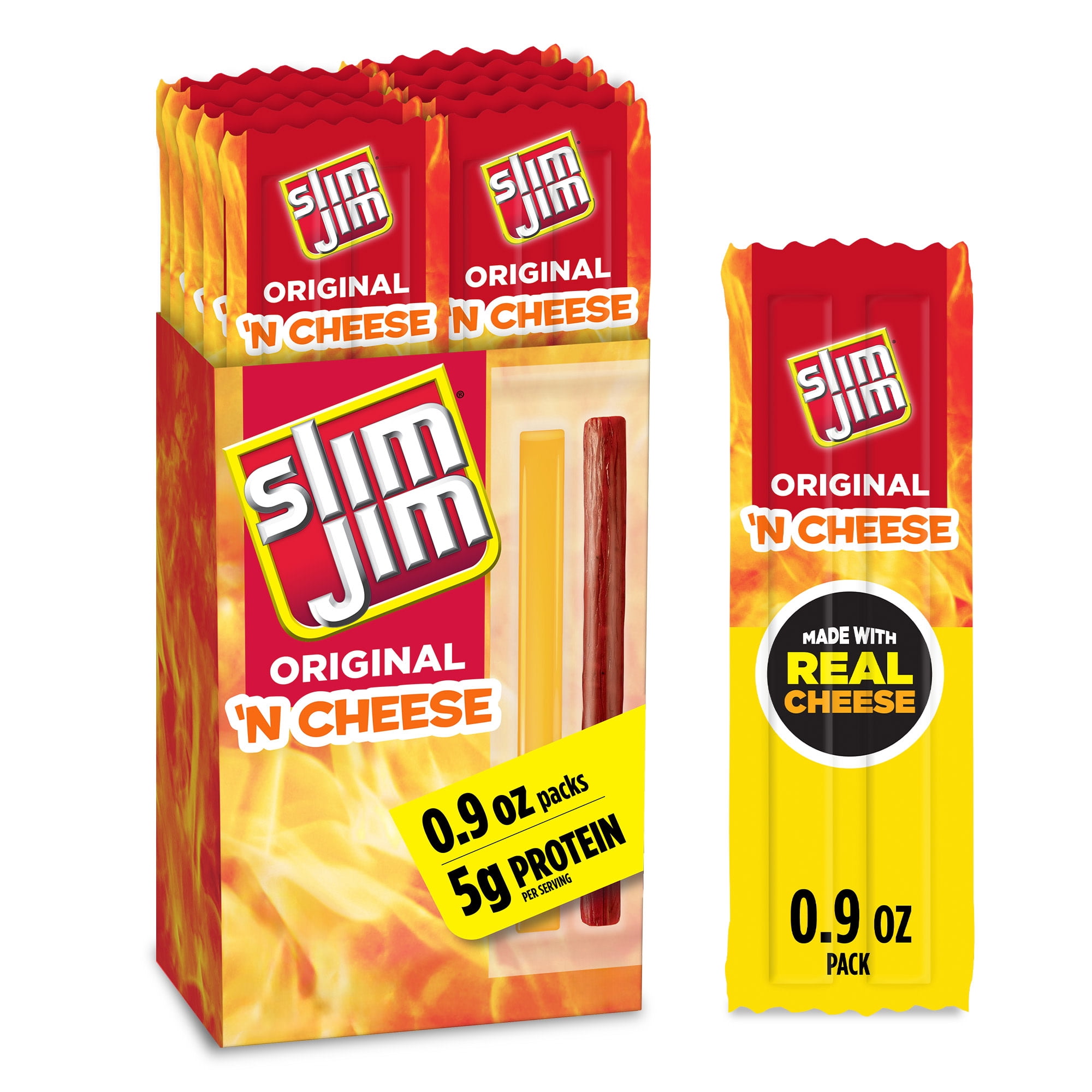 Slim Jim Smoked Jerky Meat Snack Sticks & Cheese, Original Flavor, 5g Protein Per Serving, 0.9 oz. (10-Count)