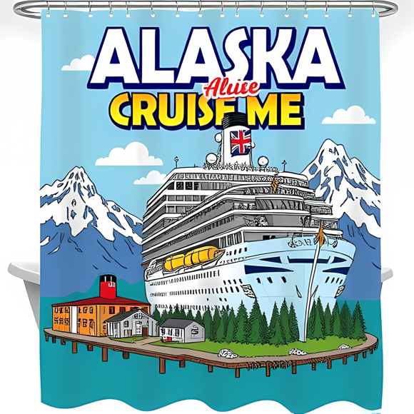 Whimsical Alaskan Cruise Shower Curtain - Vibrant Design with British Flag & Retro "Alaska Cruise Me" Text