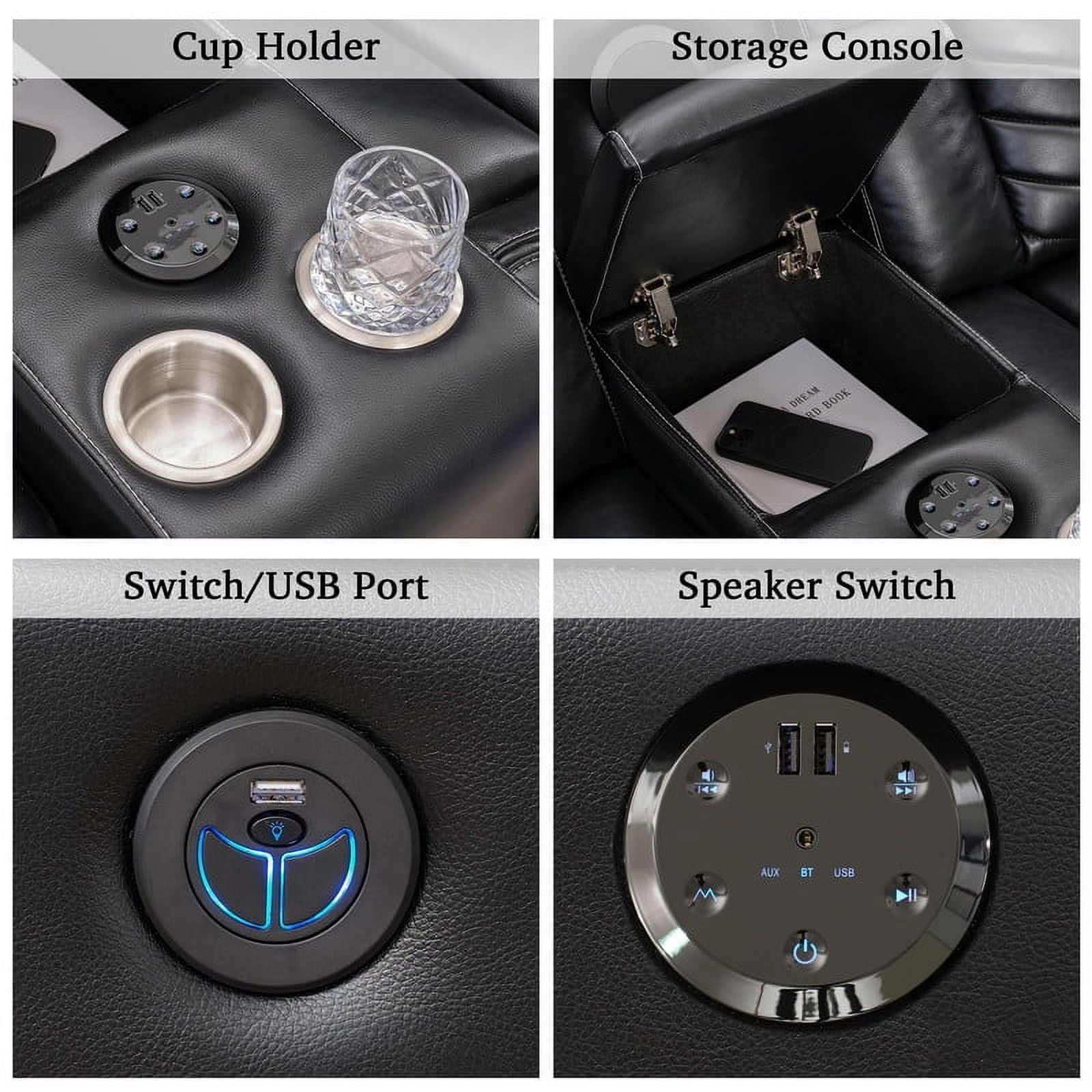 Power Reclining Sectional Sofa with Bluetooth Speakers,USB Ports,LED Lights,Cup Holders,Storage Console,Faux Leather Electric Corner L-Shaped Recliner Couch,5 Seater for Living Room Black