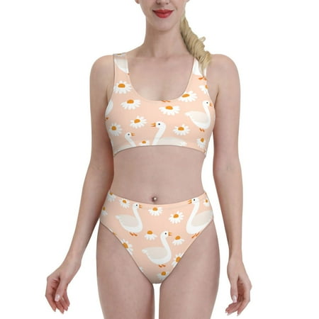 Bixox Geese and Flower Pattern Two-Piece Sports Bikini with U-Shaped Top and High-Waist Bottom - Women s Swimwear with Removable Bra Pads