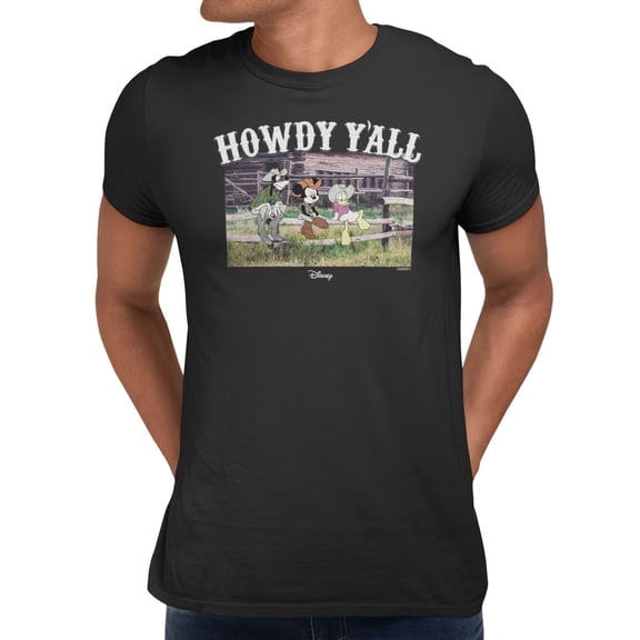 Disney Mickey Mouse Men's Howdy Yall Fence Post Photo Groupshot T-Shirt (Black, S-XXXL)