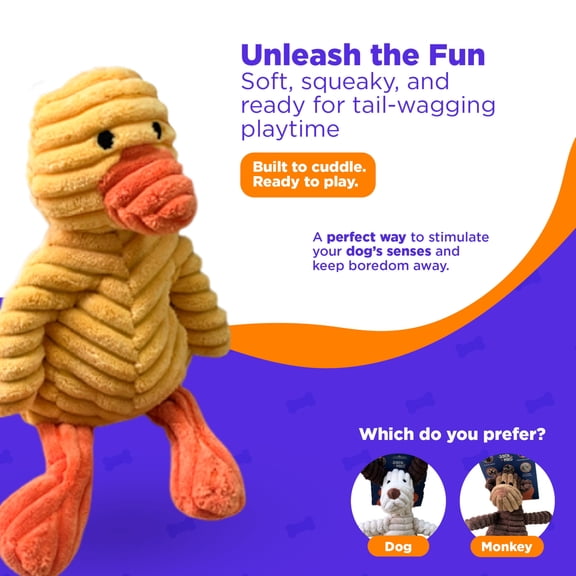 Jack & Milo Plush Dog Toy – Soft Corduroy Squeaky Chew Toy for Dogs, Duck Design