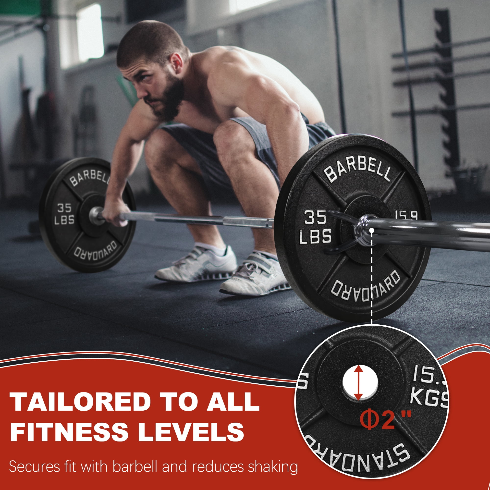 FlexWave Cast Iron Barbell Plates, 2-Inch Hole, Black with Silver Numbers, 70LB Set, for Standard Barbells, Dumbbells & Home Gym Strength Training
