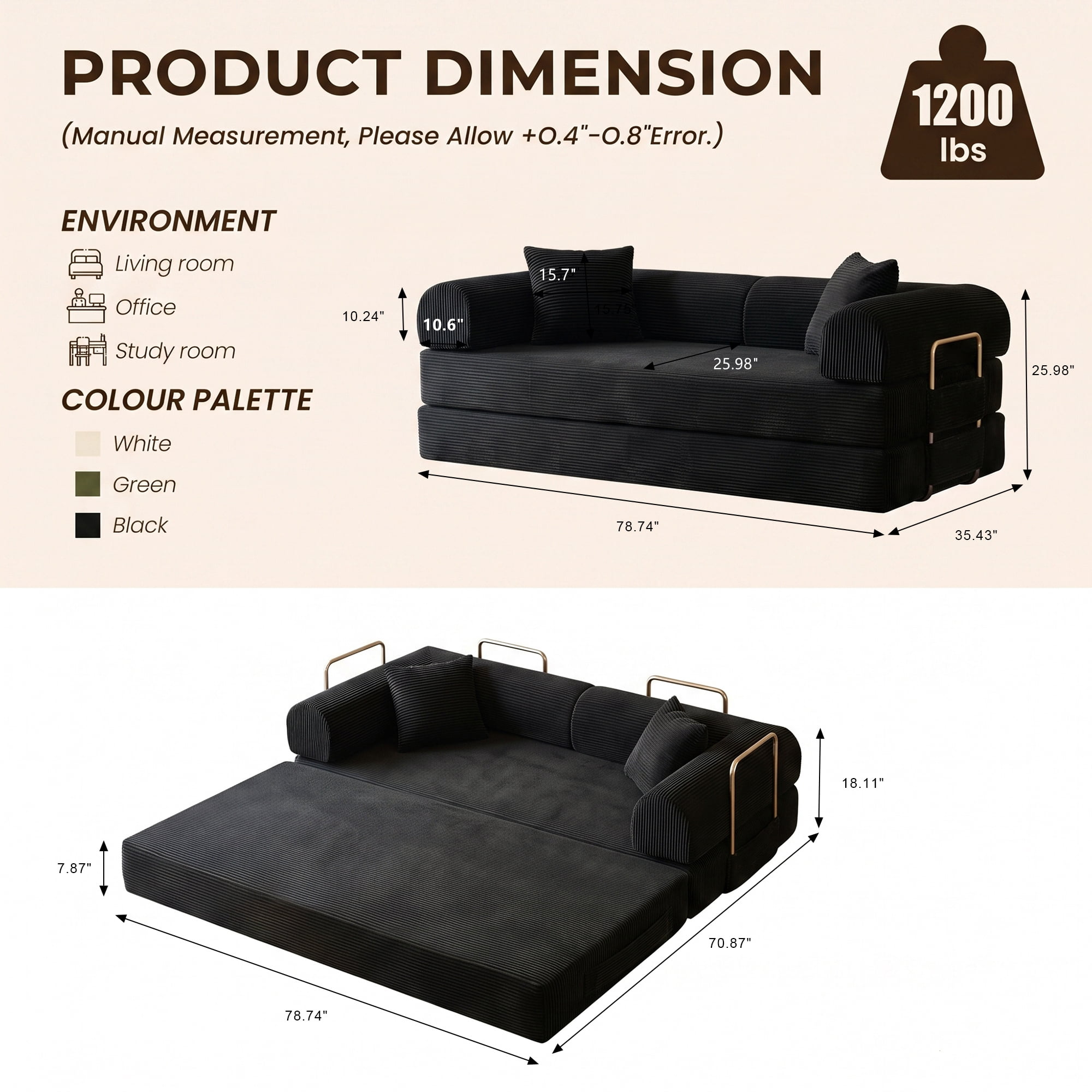 Aukfa 79" Convertible Futon Sofa Bed with Fixed Frame, 5-in-1 Boneless Couch for Living Room, Corduroy, Black
