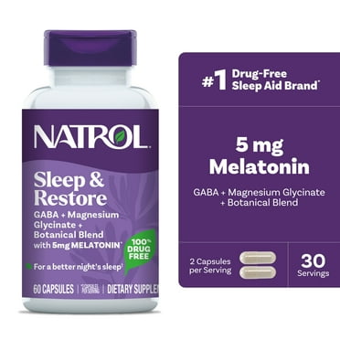 Natrol Sleep & Restore Capsules, GABA, Magnesium Glycinate, Botanical Blend, Melatonin 5mg, Essential for Your Ultimate Restorative Sleep0, Up to a 30 Day Supply