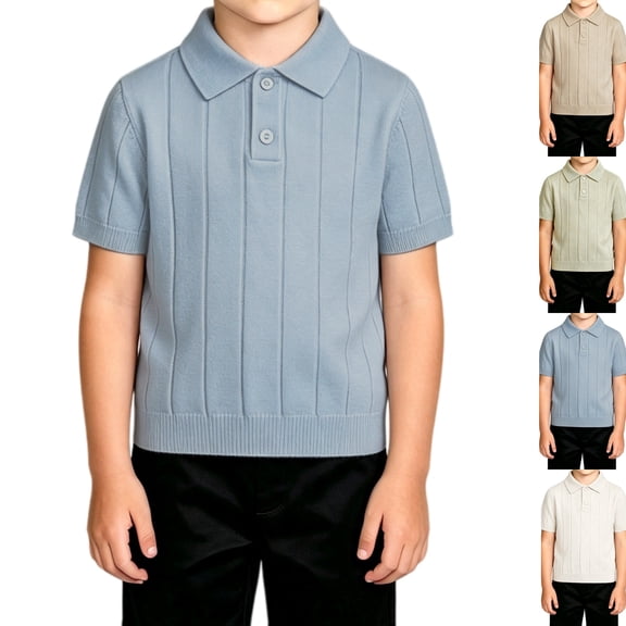 Boy's Knit Polo Shirts Short Sleeve Textured School Uniform Casual Ribbed Golf Dress Shirt Back to School Clothes Sky Blue,1‑2 Years