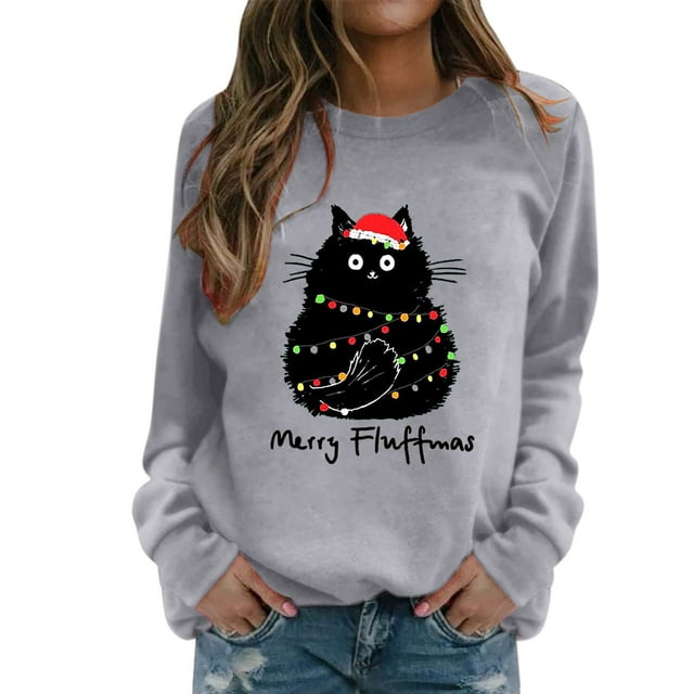 WZXFASHION Chandail à Imprimé de Noël pour Femmes, Col Rond, Coupe Ajustée, Chandail à Enfiler, Hauts Décontractés à Manches Longues, Chandails d'Entraînement, Blouse Ample pour Femmes, Liquidation, Chandail de Pêcheur