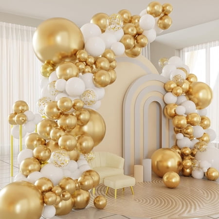 White and Gold Balloons Arch Kit 124pcs White Gold Confetti Metallic Latex Balloons Arch for Baptism Baby Shower Birthday Party Decorations