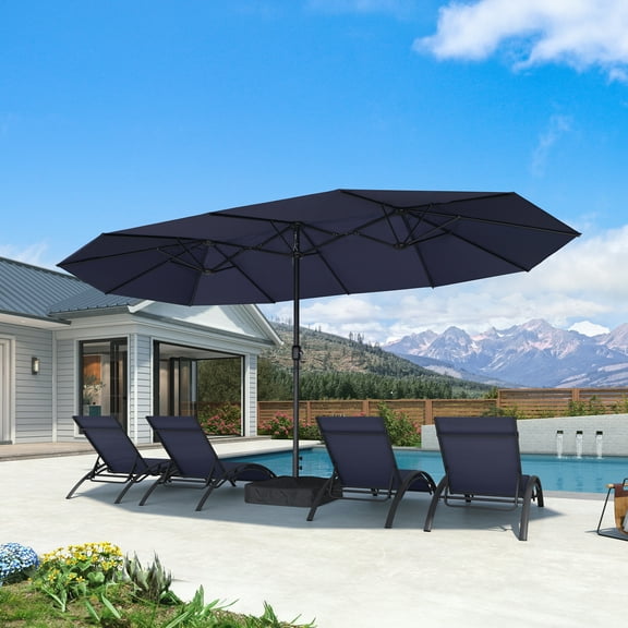 PURPLE LEAF 9 x 15FT Double-Sided Patio Market Umbrella with Base, Heavy Duty Outdoor Table Sun Umbrella with 12 Sturdy Ribs, Navy Blue