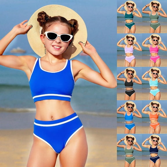 2026 New High Waisted Bikini Sets Sporty Two Piece Swimsuits Color Block Cheeky High Cut Bathing Suits, Bikini Set - Teen Swimwear Separate Top & Bottom for 5-13 Years (Dark Blue, 5-6 Years)