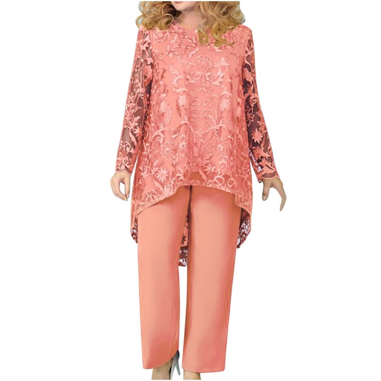 QUYUON Women Sets Elegant Formal Lace Mesh Long Sleeve Blouse Tops and Pants Sets 2 Piece Outfits Women s Plus Size Wedding Party Loose Long Pants and