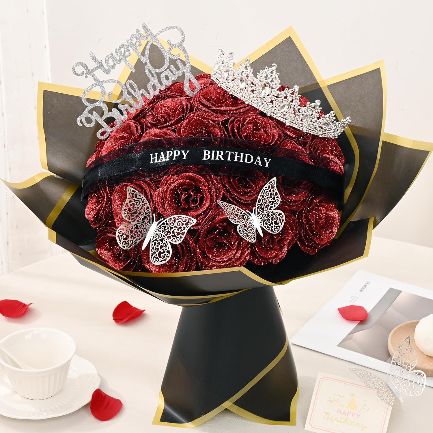 Yastouay Glitter Roses Bouquet, Fake Glitter Flowers Bouquet, Everlasting Shiny Artificial Rose Bouquet for Birthday Gift 36 Roses