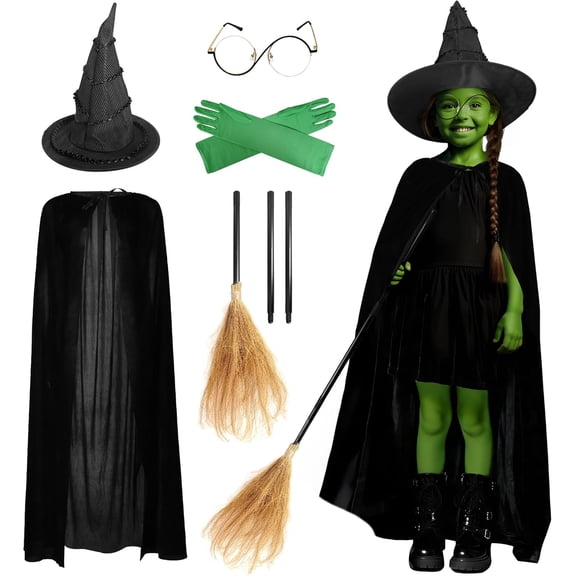 6 Pcs Girls Witch Costume Wicked Green Witch Movie Cosplay Halloween Witches Hat, Cape, Glasses, Gloves, Broom for Kids