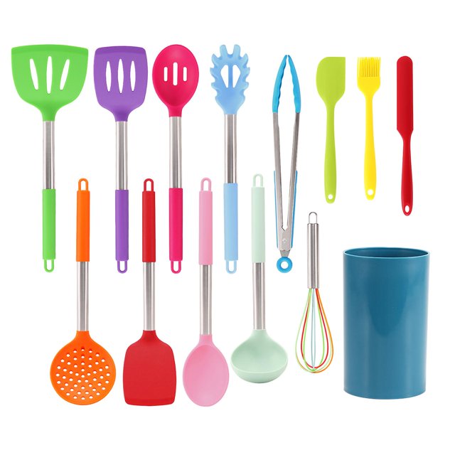 Juego de utensilios de cocina de silicona, 14 Uds., juego de utensilios de cocina, herramientas de cocina, pinzas giratorias, espátula, cuchara oso de fresa Electrónica
