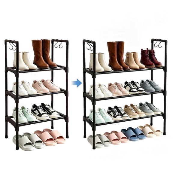 Sindcom 3 Tier Expandable Metal Shoe Rack with Hook, Shoe Organizer for Entryway Closet, Black
