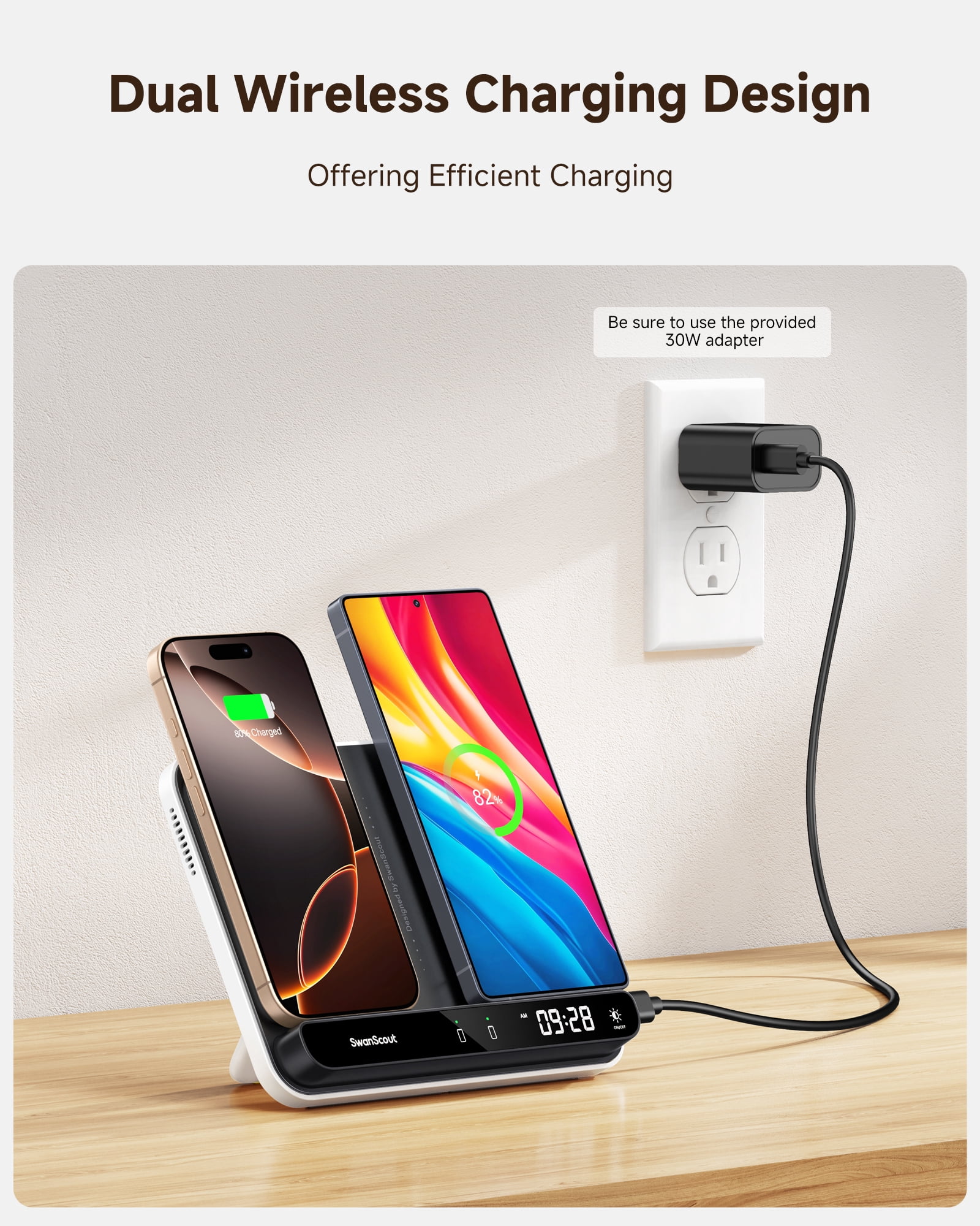 Dual Wireless Charger Stand for iPhone 17/Air/16/15/14 Series, for Samsung Galaxy S25/S24/S23/S22 Series, Android Phones, Foldable Wireless Charging for AirPods Pro 3/Galaxy Buds3 Pro, SwanScout 504