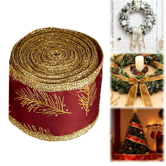 Christmas Glittery Pine Ribbon Rolls, Festive Holiday Decorative Ribbons, Christmas Ribbon Decor for Tree, Christmas Ribbons for Wreath & Tree Decoration Use