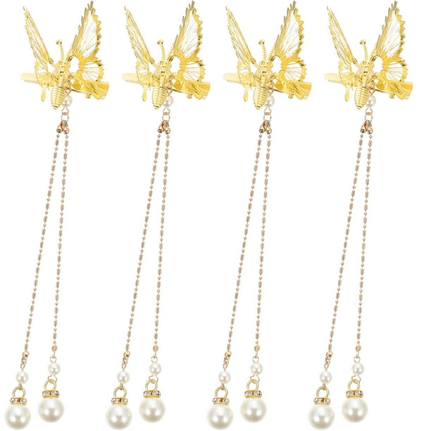 GOOHOCHY 4 pinzas para el pelo con forma de mariposa y borlas, horquillas de metal con forma de mariposa