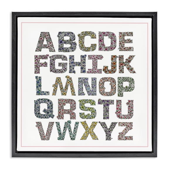 Stupell Industries Cottage Detailed Florals Alphabet Black Floating Frame Canvas Art, 18 x 18, by Jennifer Stith