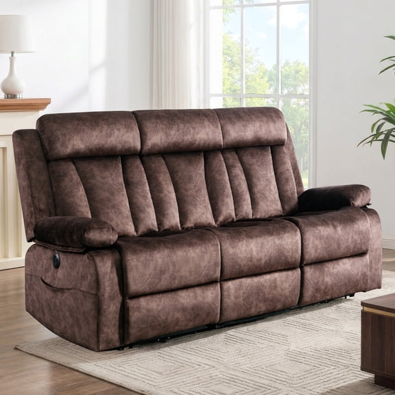 LVUYOYO 3-Seater Power Reclining Sofa with Heat & Massage—Comfortable Triple Electric Recliners, Cup Holders, Durable Dutch Velvet for Home Theater (Brown)