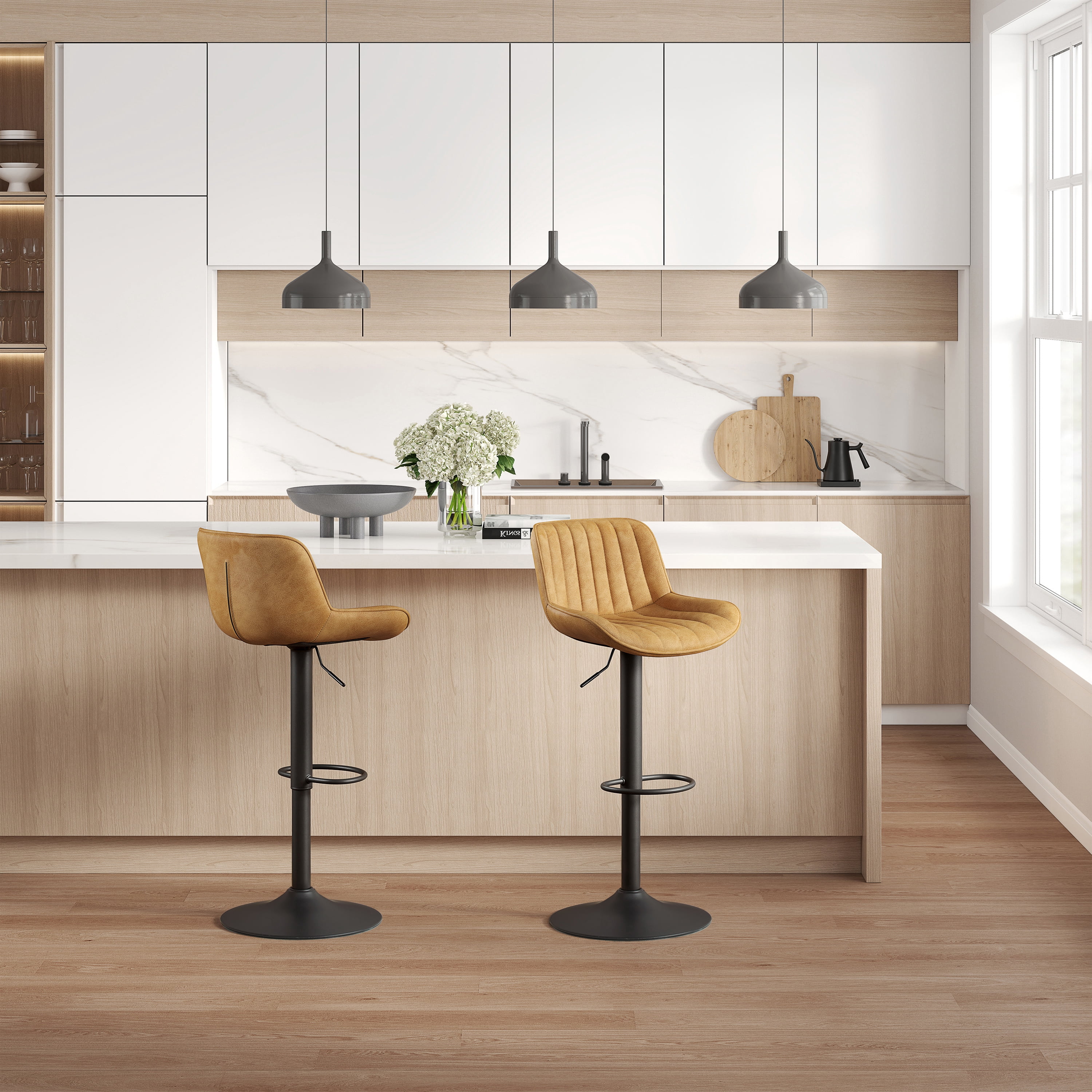 Art Leon Rustic Bar Stools Set of 2, Faux Leather with Backrest Chrome Legs, Upholstered Swivel Kitchen Stools, Yellow