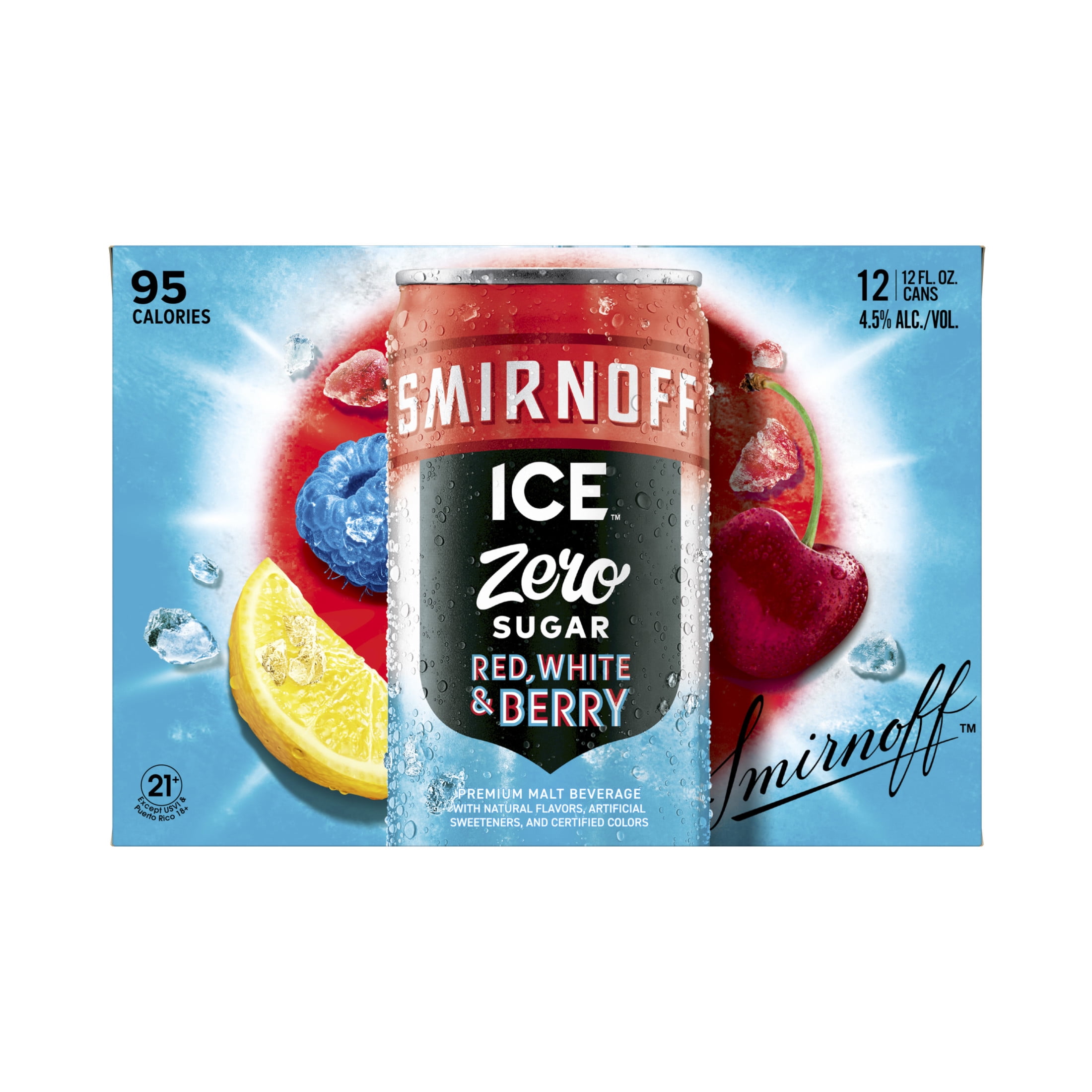 Smirnoff Ice Zero Sugar Red White and Berry, 12 Pack Cans, 12 fl oz, 4.5% ABV