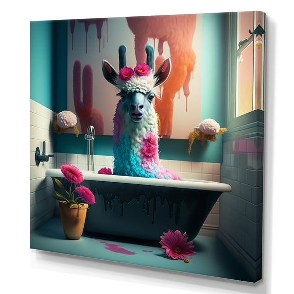 Designart Funny Llama In The Bath II Canvas Wall Art