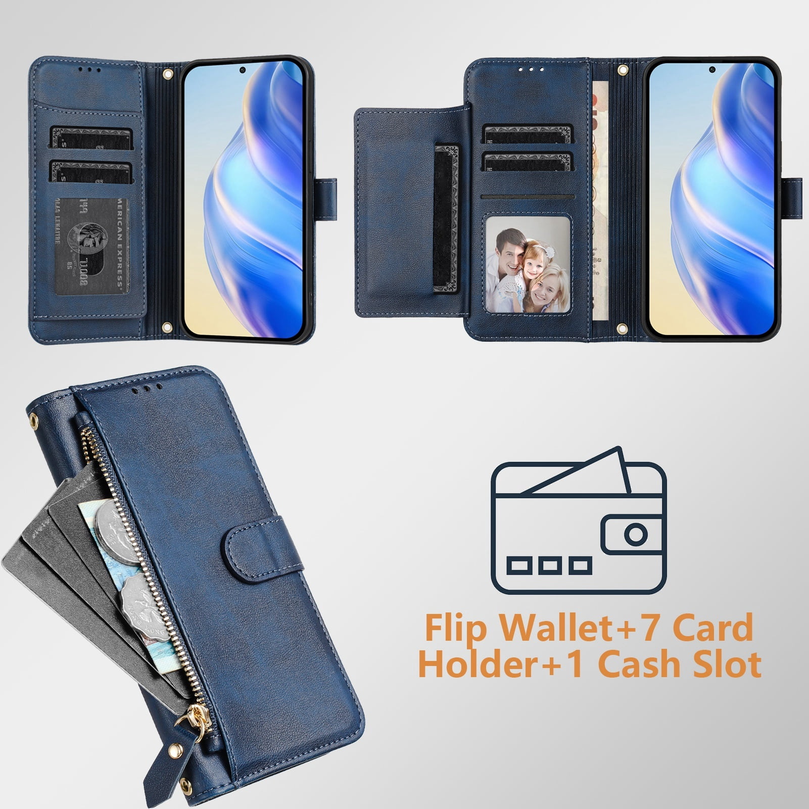 Filp Case for Motorola Edge 5G UW 2022 Zipper Pocket Magnetic Flip Wallet Phone Case with 7 Card Slots and Wrist Strap