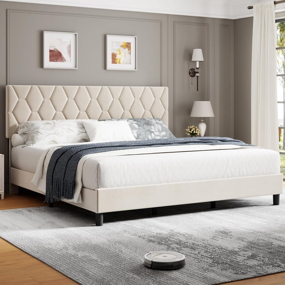 EDTara Queen Size Bed Frame with Headboard, Queen Upholstered Bed Frame, Heavy-Duty Platform Bed Frame with Strong Wood Slats, Upholstered Mattress Foundation No Box Spring Needed