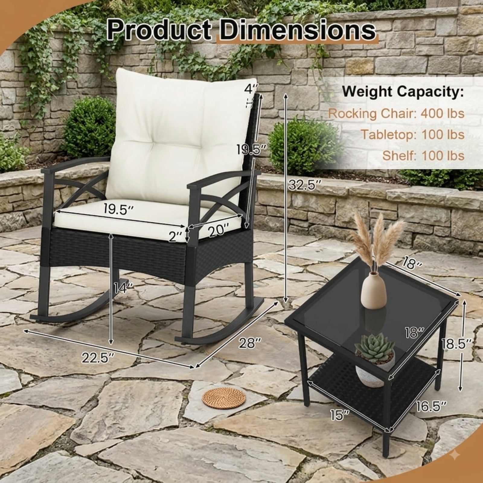 Furnibear Outdoor Metal Outdoor Rocking Chair for Porch Deck Balcony Natural/Black Finish 100 lbs Weather-Resistant Outdoor Furniture
