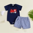 thumbnail image 2 of mgoYE Toddler Baby Boy Summer Clothes Train Engine Embroidery Short Sleeve Romper Plaid Shorts Set 3 6 12 18 Months Summer Outfit Size 3-6 Months, 2 of 4