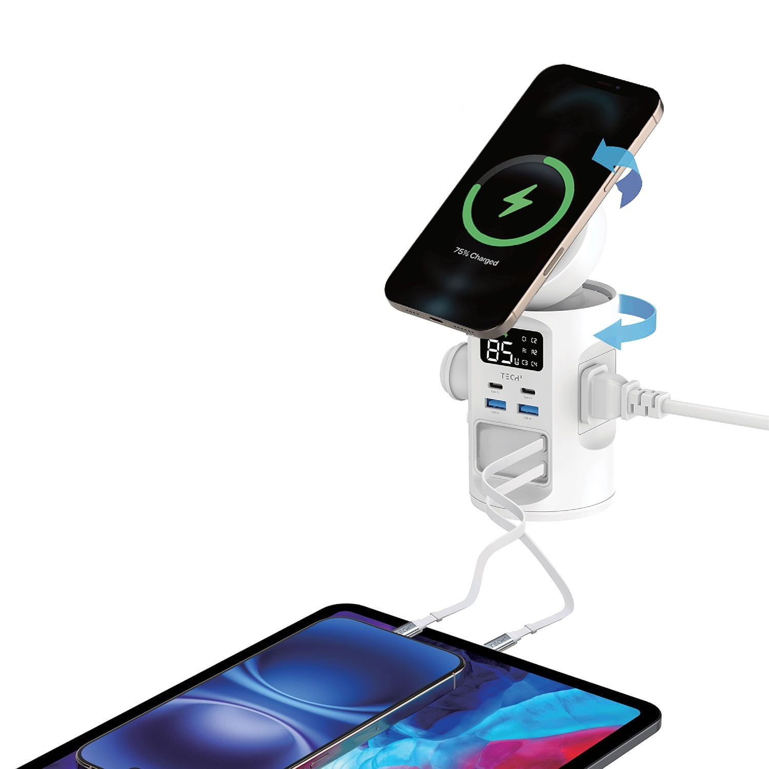 Tech Squared Power Tower with Qi2 Wireless Charging and Retractable Cords