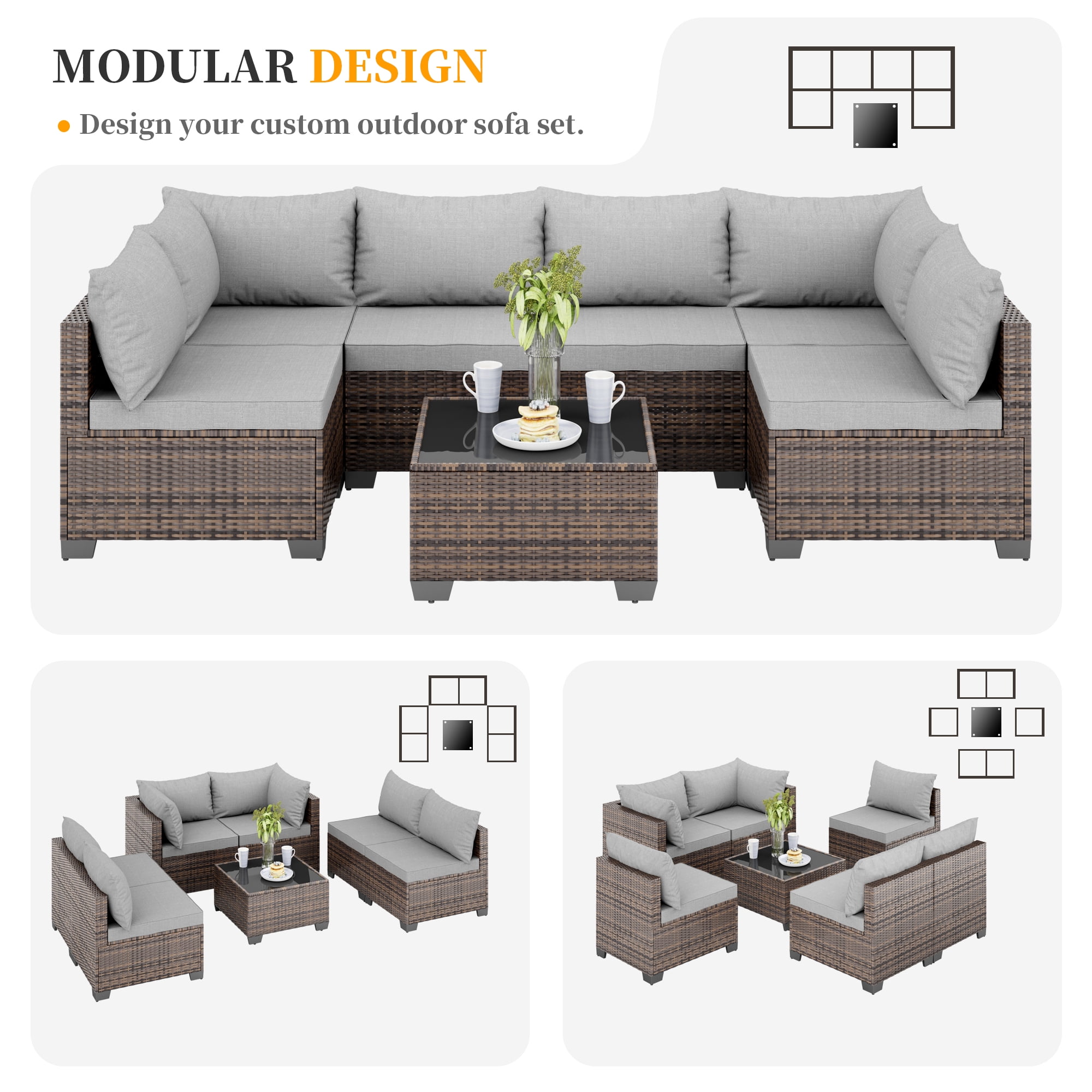 JORVIMAX 7 Piece Patio Furniture Set Outdoor Conversation Sets All-Weather Brown Rattan Wicker Patio Sectional Sofa with Cushions Light Gray